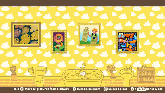 A screenshot from "Wilmot Works it Out". The background is a drawing of a bathroom with a cactus, a toilet, a bath, a potted plant, a sink and a bookcase. Wilmot, a white square with a kind smiling face, is having a bubble bath. The wall is yellow with cloud patterns and jigsaw puzzles hanging on the wall as art. The pictures are a school of fish, a deep-sea diver, a photograph of a tourist standing in front of the Tower of Pisa, and a collection of hardware tools.